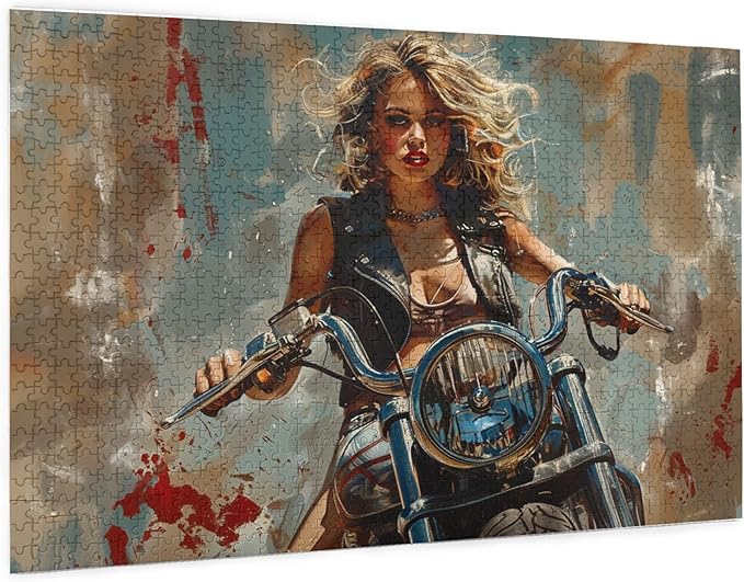 Women's Motorcycle-Themed Jigsaw Puzzle, 1000 Pieces, Retro Styles, Eco-Friendly Wooden Puzzle, Ages 14+