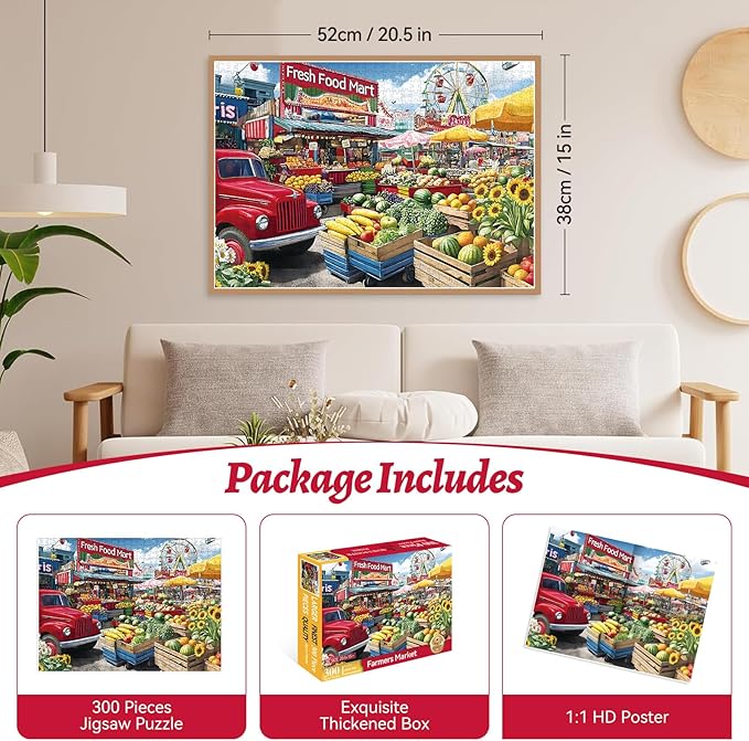 300-Piece Cozy Food Stands Piece Puzzle for Adults – Farmer’s Market Jigsaw Puzzle with Fresh Fruits – Recycled Paper Puzzle, Relaxing Family Activity Game, for Adults, Seniors, and Kids