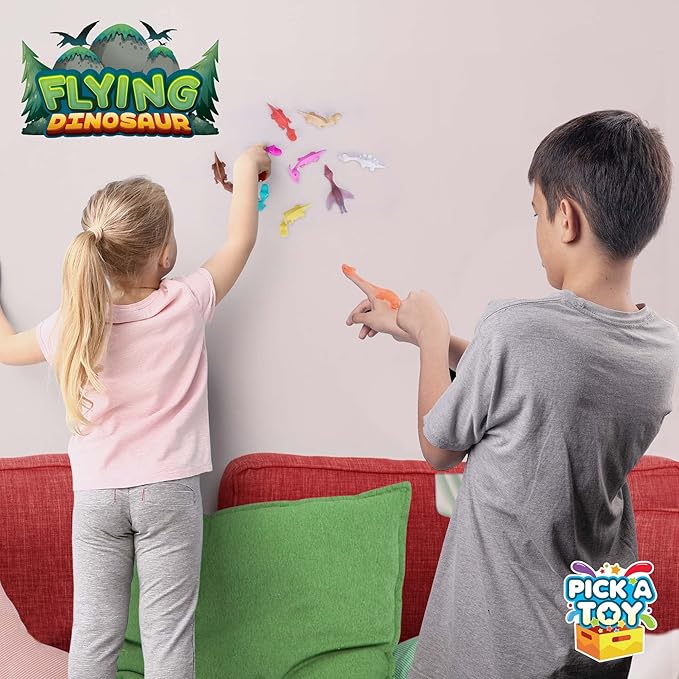 PICK A TOY Stretchy Slingshot Dinosaur Toys – 36 Mini Rubber Dinosaurs, Party Favors, Kids Prizes, Easter Egg Fillers, Finger Flingers Flying Chicken Toy