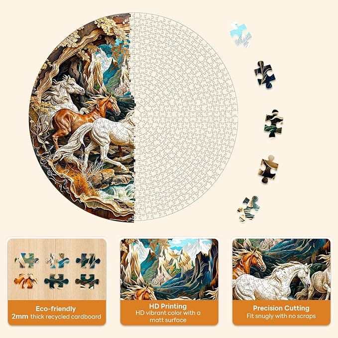 Masseruon 1000 Piece Puzzle for Adults, 26.6 * 26.6in Horse Puzzle for Adults, 1000 Pieces Flat Puzzles with 3D Visual Effect When Completed, Adult Puzzles Games