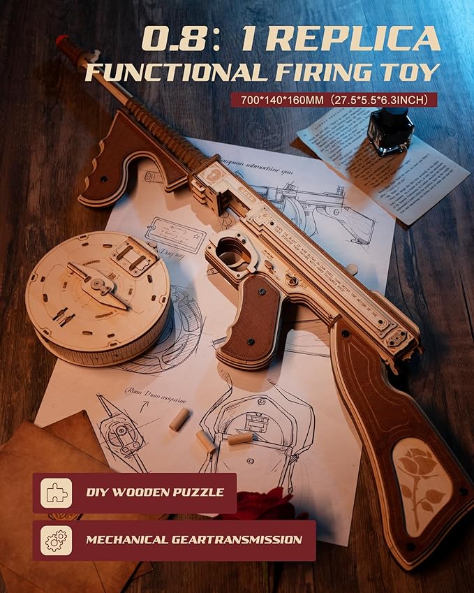 ROKR 3D Wooden Puzzles for Adults 275pcs Submachine Shooter Rubber Bands Wood Crafts DIY Building Model Kits Assembly Puzzle Gifts for Men Women Adults