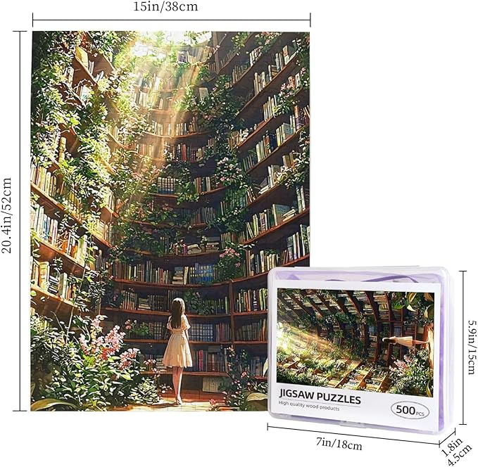 Library Jigsaw Puzzle 500 Pieces，Library Bookshelf Jigsaw Puzzles,Plant Bookshelf Puzzles, Library Retro Aesthetic 500 Pieces Puzzle Art, Botanical Literary Theme Difficult Challenging Hard Puzzle