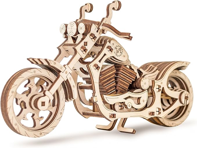 3D Puzzles for Adults - DIY Cruiser Motorcycle Model Kit with Rubber Band Engine, Functional Handlebars & Center Prop Stand - 3D Wooden Puzzle for 15 yrs Above & Adults - Eco Wood Art, 152 Pieces