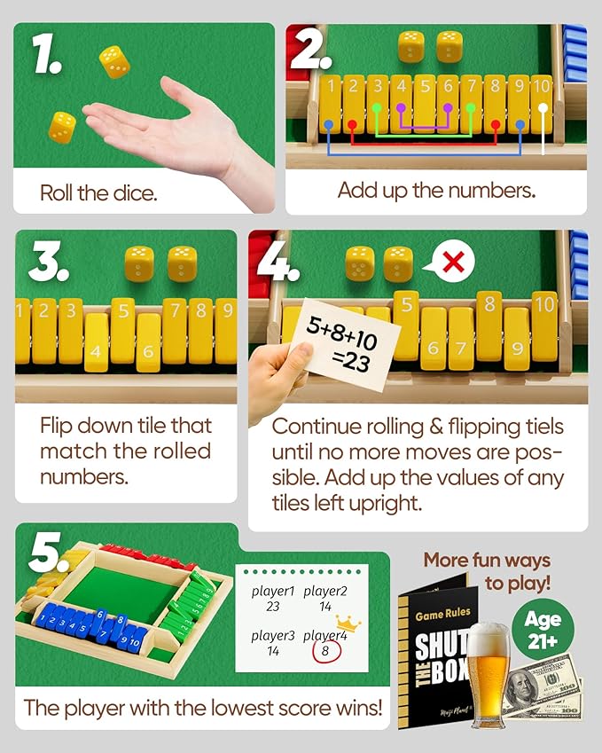 Original Classic 2-6 Player Shut The Box Game, Math Dice Board Game for Family Night Classroom Travel, Wooden Classic Table for Group Kid Adult Senior Travel Party Bar Easy Quick and Fun