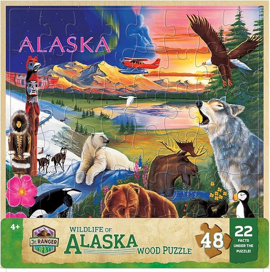 MasterPieces 48 Piece Fun Facts Jigsaw Puzzle for Kids - Jr Ranger Alaska Wildlife Wood Puzzle - 12"x12"