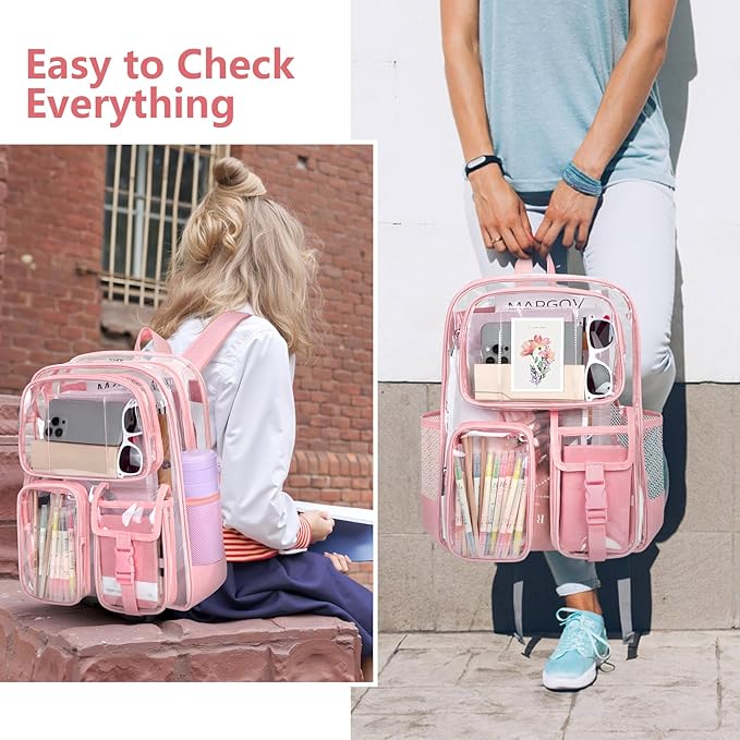 Attmu Pink Clear Backpack, Heavy Duty PVC Clear Bag for Stadium Events, Transparent Backpack with Reinforced Straps & Stitches for Girls Boys, Large Capacity Bookbag for School, Travel, College, Work