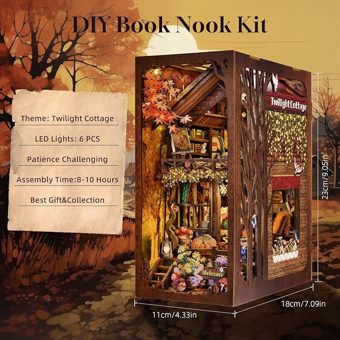 Book Nook Kit, Book Nook Kits for Adults and Teens, DIY Miniature Dollhouse Kit 3D Wooden Puzzle Booknook Bookend with LED Light