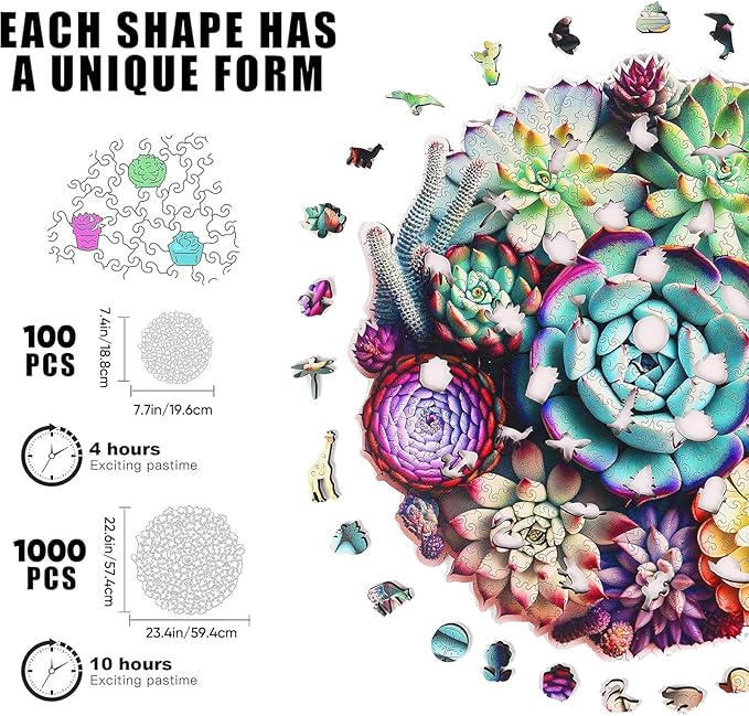 Wooden Jigsaw Puzzles - Mandala Succulent Plants, 100 Piece Luxurious Shaped Wooden Puzzles for Adults and Kids, Family Game, 7.7'' x 7.4''