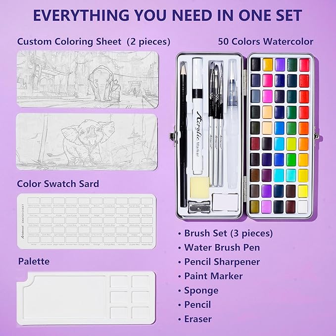 Watercolor Paint Set, 50 Colors, Paint Brushes and Palette included, Including Metallic and Fluorescent Colors, Art Supplies, for Artists, Amateur Hobbyists and Painting Lovers