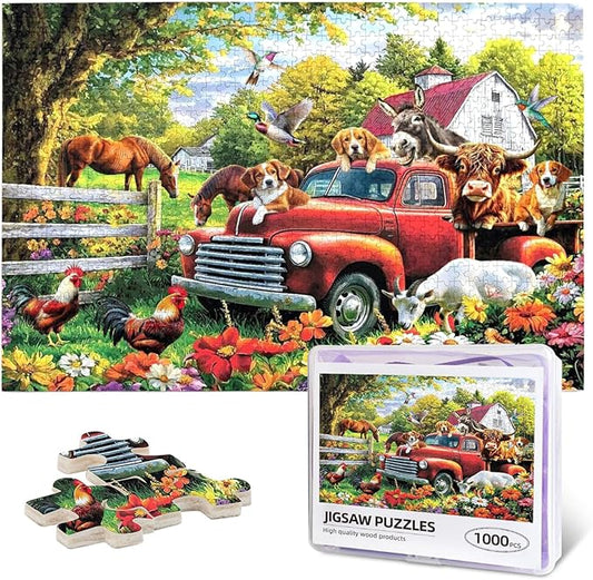 Colorful Spring Farm Puzzle for Adults 1000 Pieces Animal Farm Dogs Cows Donkey Horses Puzzle Artwork Friends Family Activity Game Nights Gifts