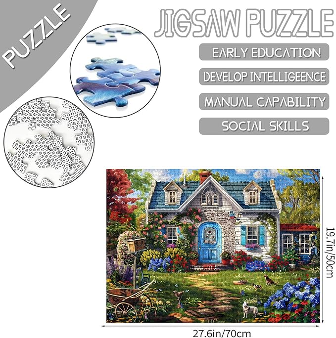 Beautiful Cabin Jigsaw Puzzle，Blue Door Charming House Scenery 1000 Pieces Jigsaw Puzzles for Adults，27 x 20 Inches Puzzles ，HD Quality Warm Wall Puzzle Gift，Family Activity Perfect for Game Night