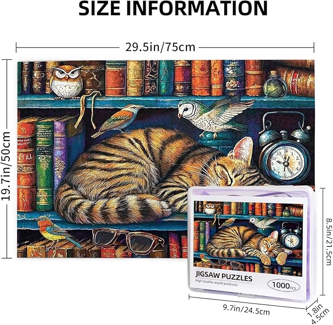 Cat Sleeping On The Bookshelf 1000 Piece Puzzle for Adults, Cats Library Jigsaw Puzzle, Funny Kitten Bookshelf Puzzles 1000 Piece, Challenging Puzzles for Friends Family Game Nights