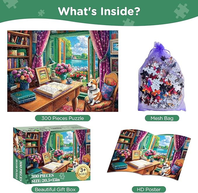 300 Pieces Puzzle for Adults, Corgi Study Book Jigsaw Puzzles for Kids Adults Seniors 300 Pieces, Glossy Sturdy Vibrant Puzzle 300 Piece, Challenging Jigsaw Puzzle Great Gift for Family Friends
