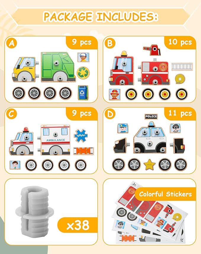 SainSmart Jr. Emergency Vehicle Toys Snap & Take-Apart, Wooden Car Toys for Toddlers, Including Play Police Car, Fire Truck, Garbage Truck, Ambulance - Montessori Gifts for Preschool Children