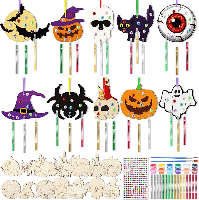 JellyArch 30 Pack Halloween Wind Chime Making Kit for Kids Make Your Own Wind Chime Ghost Spider Wooden Crafts Ornaments for Girls Boys DIY Activity Birthday Decoration