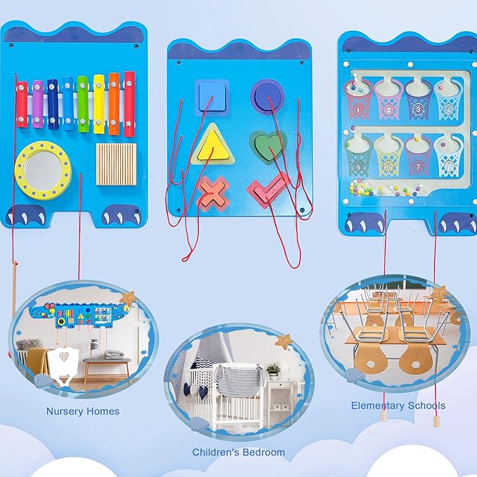 Crocodile Sensory Toys Activity Wall Panels - Montessori Busy Board, Toddler Learning Panel, Wall-Mounted Playroom/Daycare Educational Toys, Interactive Wooden Gift for Kids 3-6, Blue