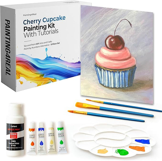 Painting4Real DIY Painting Class Kit for Adults with Video Tutorials: Learn to Paint Cherry Cupcake – How to Paint with Acrylics – Painting & Art Supplies – 9 Piece Acrylic Paint Set