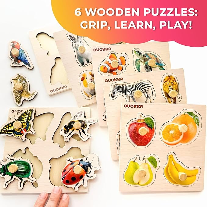 QUOKKA Wooden Puzzles for Toddlers 1-3 – 6 Pegged Puzzles for Kids Ages 2-4 – Animal and Fruits Learning Toy for Kids – Gift Realistic Educational Game for Boy and Girl