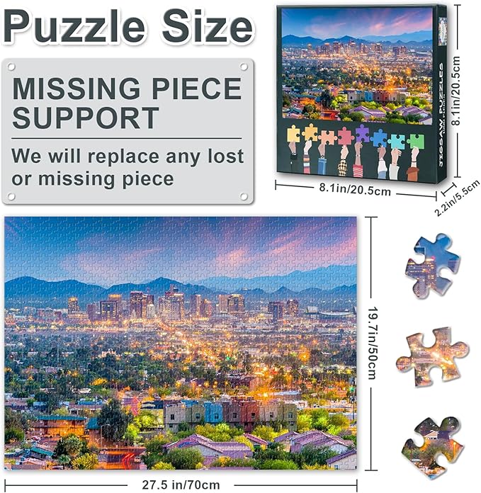 Puzzles for Adults 1000 Pieces City Skyline Phoenix, Arizona - Hard Difficult Challenging Family Puzzle, 27.5x19.7 Inch Jigsaw Puzzles USA Downtown, Puzzle Game for Women Home Decoration Gift