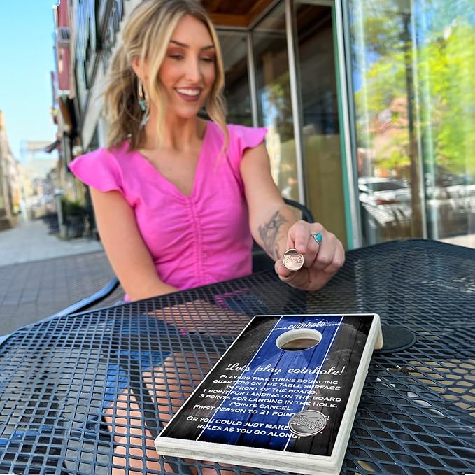 Coinhole Desktop Coin Bouncing Party Game Set | Tabletop Cornhole Board Game | Small Cornhole Travel Game Includes Coins