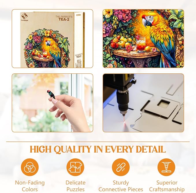 Wooden Puzzles for Adults, Wooden Jigsaw Puzzles for Adults Kids, The Parrot's Tea-2 Unique Shaped Wood Puzzles Adult, Creative Birthday Gifts for Friends Family Game (11.4 * 11.3in 200pcs)