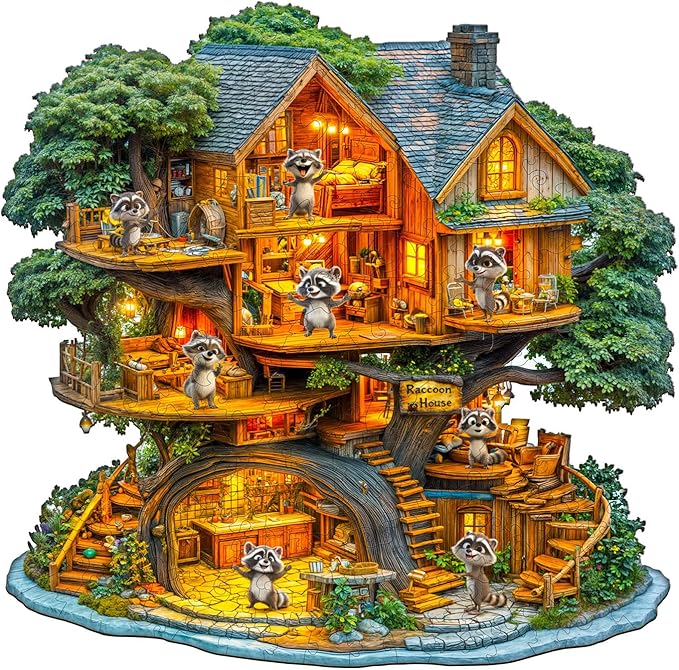Wooden Puzzles for Adults - 200 Pieces Raccoon House Wood Puzzle - Unique Shapes Wooden Jigsaw Puzzles for Adults - Eco-Friendly Home Office Decor (11.4 * 11.2in)