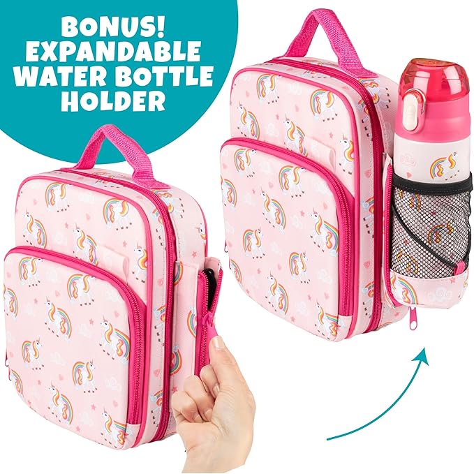 Kids Insulated Lunch Box w Snack Pocket & Expandable Water Bottle Holder For Girls- Waterproof Lunchbox Tote Keeps Food Hotter or Colder Longer - Reusable Back to School Bag Fits Most Bento Containers