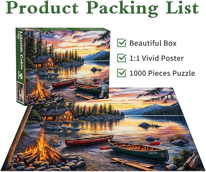 Lakeside Cobin Jigsaw Puzzles 1000 Pieces for Adults Cozy Campfire Canoes 1000 Piece Jigsaw Puzzles for Adults