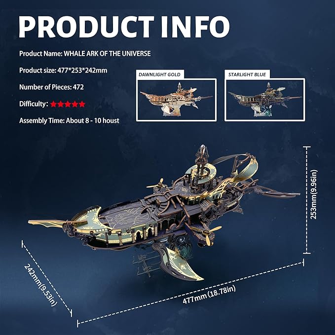 DIY 3D Wooden Puzzle Whale Spaceship,Miniature Wooden Dollhouse Model for Adults to Build,Gifts for Family Friends - Whale Ark of The Universe (Starlight Blue)