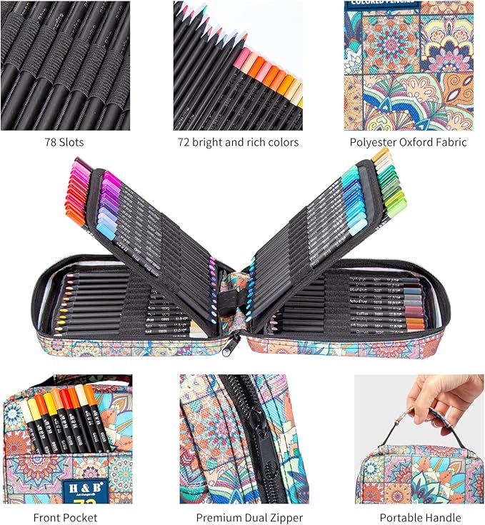 H & B Colored Pencils Set with Coloring Book, Eraser, and Sharpener - Perfect for Drawing and Coloring - Soft Oil-Based Cores Ideal (72)