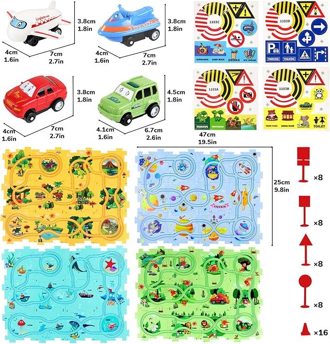 Puzzle Racer Kids Car Track Set, Kids Toys Boys 3-5, Gift for 3 4 5 6 Year Old Boys, Montessori Toys for 3+ Year Old(100Pcs, 4 Themes)