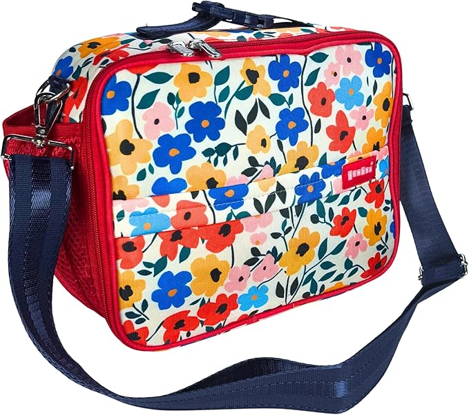 Yumbox Kids Lunch Bag, Holds Lunch Box and Water Bottle, 3 Ways to Carry, Zip Closure, Inside Zipper Netting, Wipe Clean Fabric with EVA lining for extra insulation, Poppy Flowers
