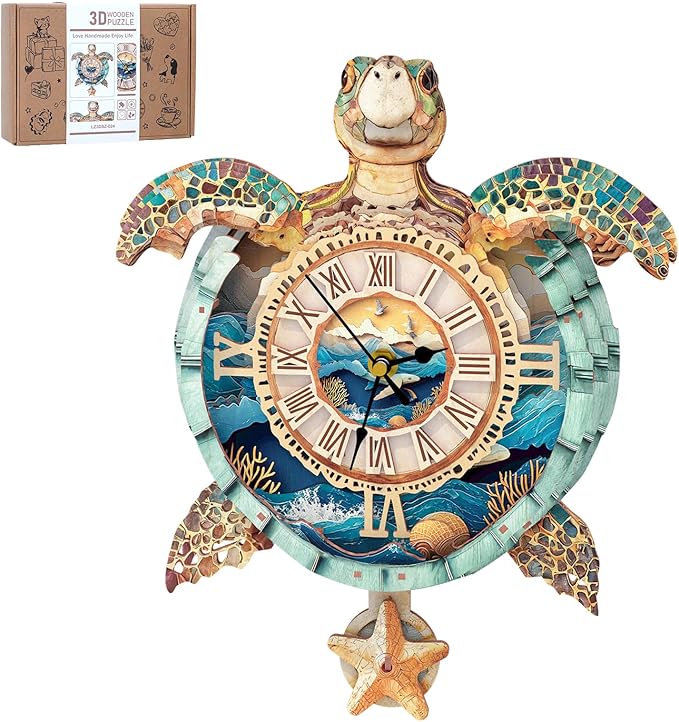 Rnfinewow 3D Puzzles for Adults, 3D Puzzle Sea Turtle Clock Kit (with Pendulum), Wooden Puzzles for Adults Home Wall Decor Clock Christmas Day Puzzle Gifts for Women Men