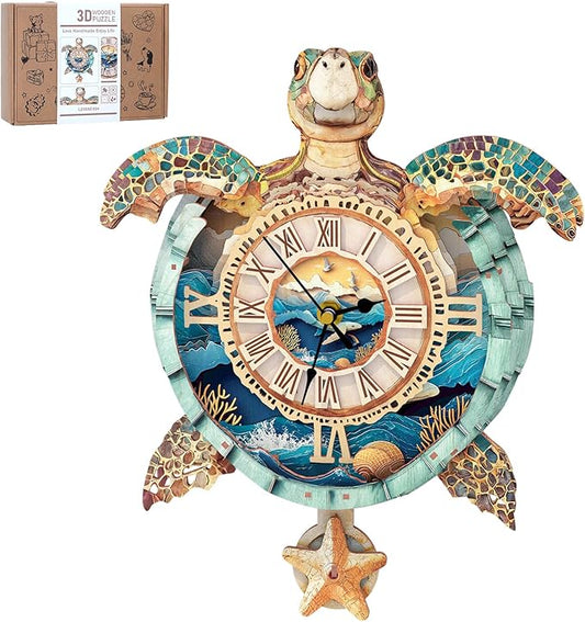 Rnfinewow 3D Puzzles for Adults, 3D Puzzle Sea Turtle Clock Kit (with Pendulum), Wooden Puzzles for Adults Home Wall Decor Clock Christmas Day Puzzle Gifts for Women Men