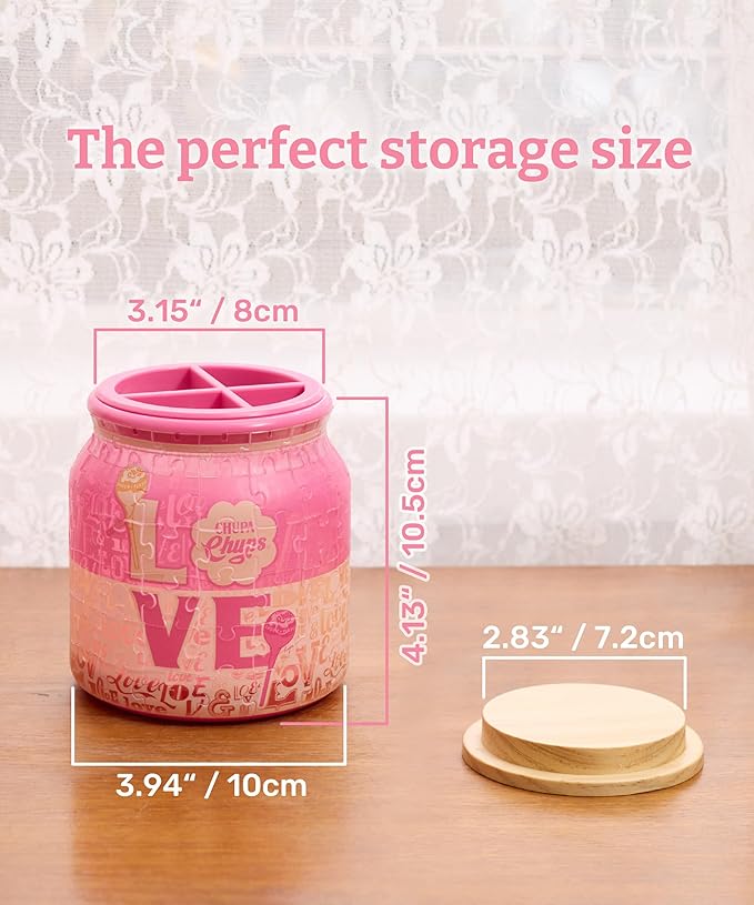 Chupa Chups X PieceRelax 3D Puzzle Jar 96 Plastic Pieces for Adults - Sweet Days - Full of Love Use Includes Divider as Pen and Utensils Holder with Wooden Lid for Kitchen Dining Study [BB1045]