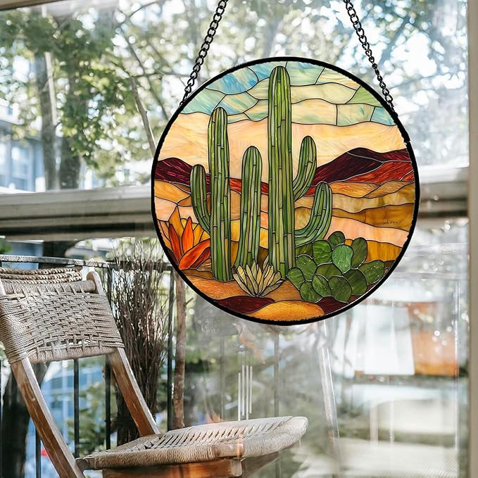 Stained Glass Window Hanging, Green Cactus Sun Catcher for Door Terrace Garden Home Decor, Abstract Desert Landscape Suncatcher Birthday Gifts for Lovers Women Men Dad Mom Nana 11.8 in