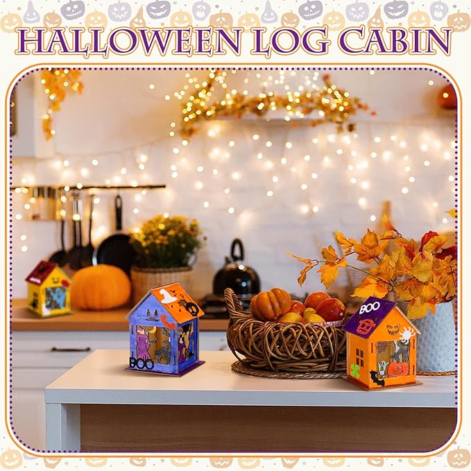 12 Sets Wooden Thanksgiving Halloween Houses Fall Graffiti Crafts Pumpkin Wood House Ghost Table Decor 12 DIY Unfinished Craft Kit 12 Watercolor Pens 100 Foam Stickers(Halloween Style)