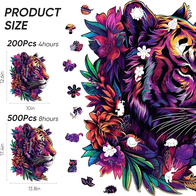 Wooden Puzzles Tiger 200pcs Medium Puzzles for Adults, Unique Shape Animal Adult Puzzles, Irregular Best Gift for Adults and Kids Family Game (10x12.6 in)