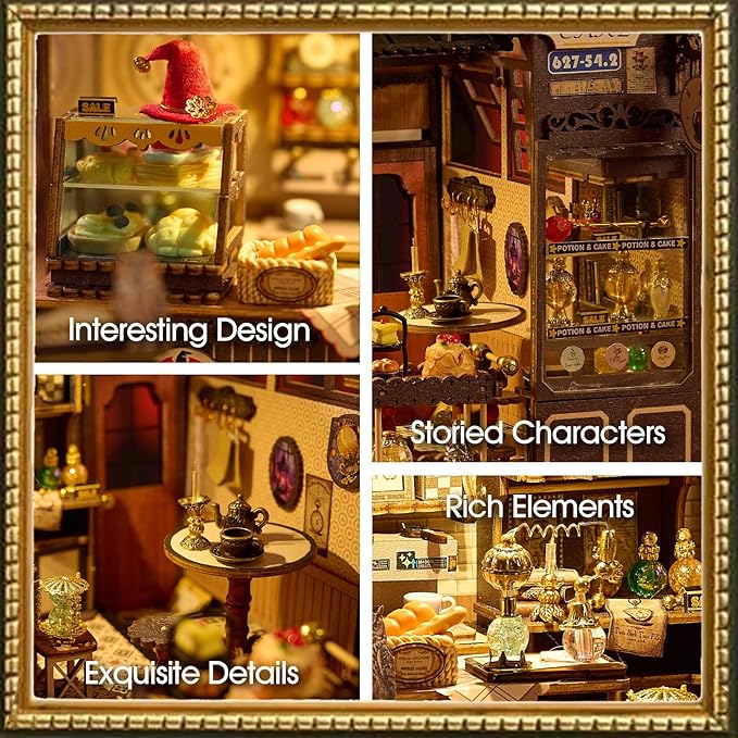 [2025 New] Coffee Shop Miniature House Kit with LED Light, Book Nook Kit with Cover for Birthday, 3D Wooden Bookends Puzzle Bookshelf Decor Building Kit Birthday Gifts for Family, Friends