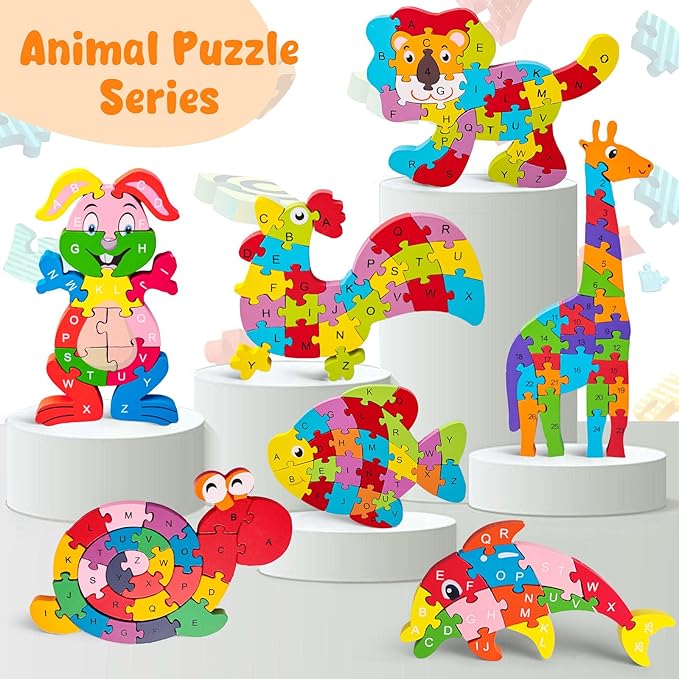 LovesTown Goldfish Wooden Puzzle for Kids, Alphabet and Number Jigsaw Puzzle Montessori Learning Blocks, Educational Preschool Toys for Toddlers, 26 PCS