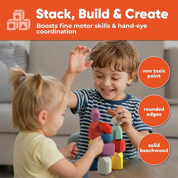 BUNMO 40pcs Wooden Stacking Toys - Montessori Educational Blocks for Toddlers, Non-Toxic, Safe, and Durable for Kids’ Creative Play and Learning