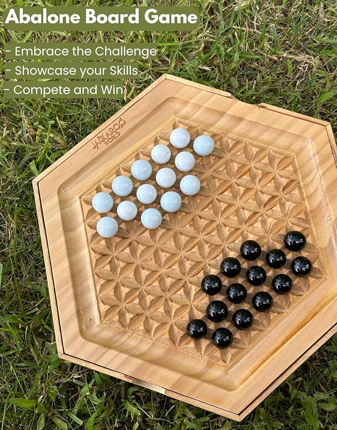 Abalone Board Game - Marble Strategy Game - 2 Player Games - Marble Chess Game - Intellectual Chess Board Game - Strategy Games for Adults - Wooden Board Games 28 Black & White Marbles