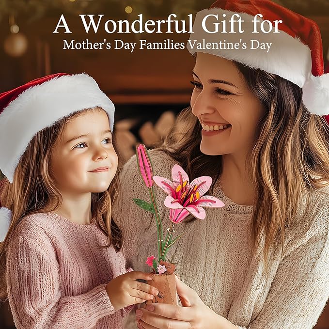 Rowood Wooden Flower Kit,DIY Artifical Flower Building Set Craft Kit for Adults,Mother's Day/Valentine's Day for Mom/Women/Grandma-Pink Lily