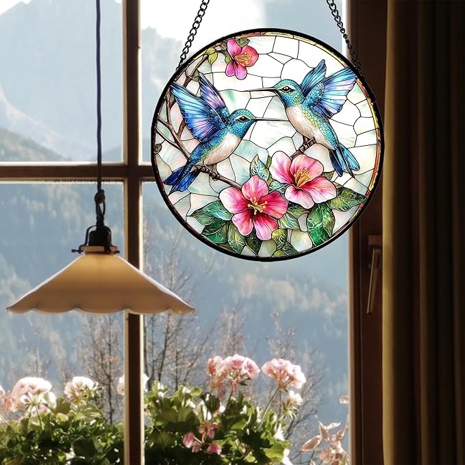 Stained Glass Window Hanging - Blue White Hummingbirds Pink Flowers Suncatcher for Door Terrace Garden Home Decor Bird Sun Catcher Birthday Gifts for Lovers Women Men Dad Mom Nana 11.8 in