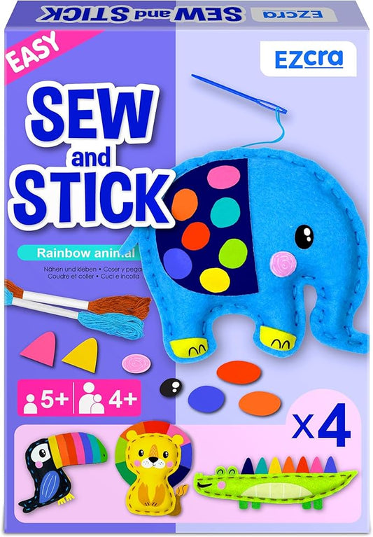 EZCRA Easy Arts and Crafts for Kids - No Mess Sewing Kit for Kids - 4 Easy to Do Cute Animals Sewing Projects - Fun Felt Stickers - Tools with Instruction - Gifts for Boys and Girls Age 4,5,6,7,8