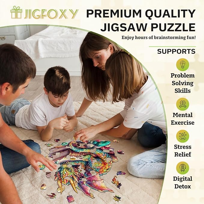 Jigfoxy Wooden Puzzles for Adults, Jeweled Dragon Wood Puzzles Adult, Unique Animal Shape Wooden Jigsaw Puzzles for Adults, Birthday Gifts for Puzzle Lovers, Family (L-13.4 * 12.6in-240pcs)