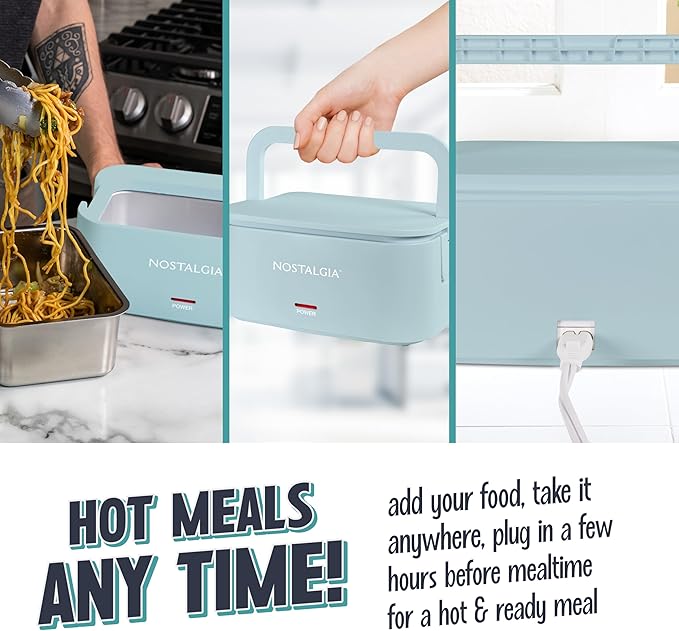 Nostalgia 32-Ounce Heated Electric Lunch Box – Travel Size 4 Cup Capacity for Soup, Pasta, and Leftovers – Leak-Proof Silicone Sealed Lid, Foldable Carry Handle, Detachable Cord – Chambray