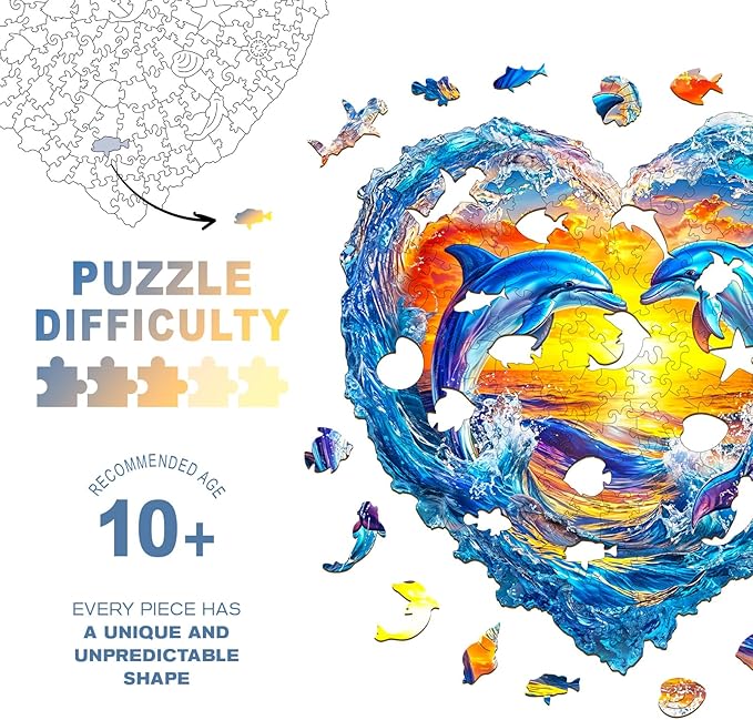 Wooden Puzzles for Adults - Heartfelt Dolphins Wooden Jigsaw Puzzle, Unique Animal Shaped Wood Puzzles Adult, Christmas Birthday Gifts for Friends/Family, Home Decor 8.5 * 8.3in 90pcs