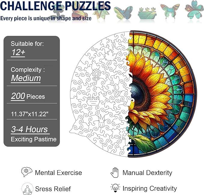 Wooden Puzzle for Adults, Stained Glass Sunflower Puzzle, Wooden Jigsaw Puzzles with Wooden Box, Unique Plant Shaped Wood Cut Puzzles, Family Games for Kids and Adults, 200 Pieces 11.37"x 11.22"