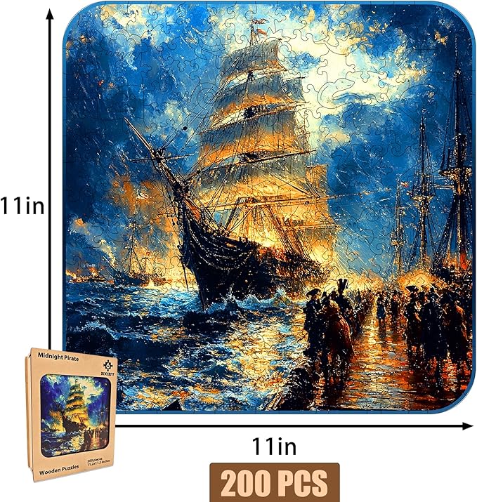 Wooden Jigsaw Puzzle, 200-500 Pieces Unique Shape Animal Puzzle, for Adults & Kids, Birthday Gift Family Game, Decorative Puzzle, Unique Gift (Midnight Pirate, 200 PCS)